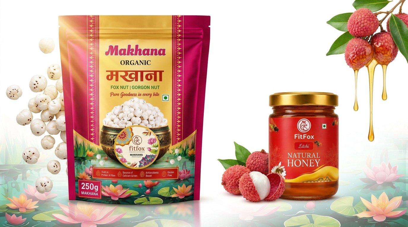 FitFox_products_on_white_background_202607181551 Premium Raw Makhana 250g with FREE 50g Pure Honey Healthy Fox Nuts High Protein - Image 1